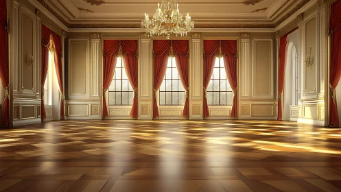 Grand neoclassical ballroom with gilded trims and parquet floor.