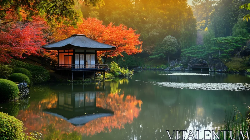 Japanese lakeside pavilion with autumn foliage reflection.