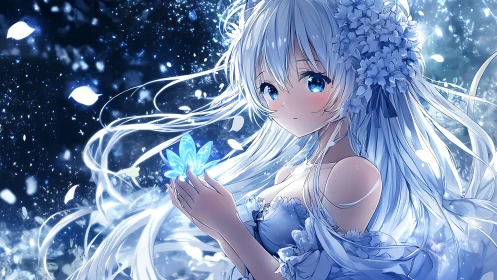 Starlit snow maiden gently cradles a glowing ice flower