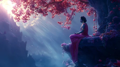 Twilight cliffs cradle a meditating goddess in rose-gold bloom