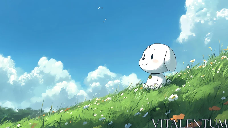 Sunlit puppy daydream on a wildflower hillside of wonder.