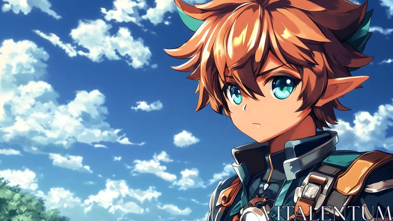Young anime elf warrior gazes upward under bright summer sky