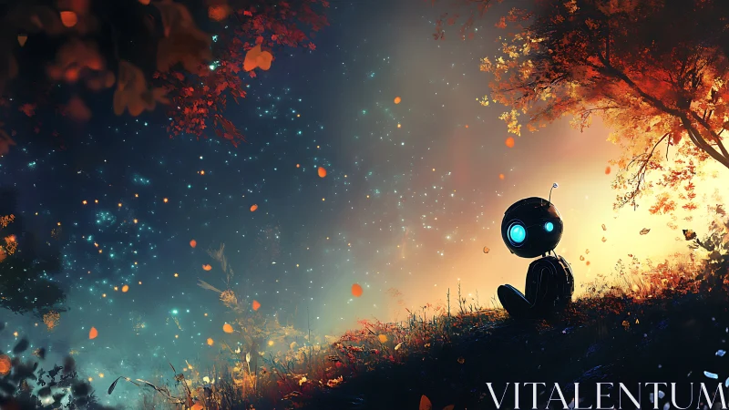 Small robot observing starry sky under autumn tree at dusk.