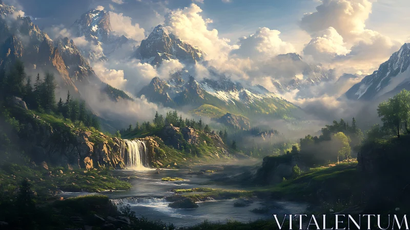 Epic mountain valley landscape with waterfall and clouds.
