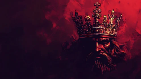 King’s crowned face emerges from dark red painted background