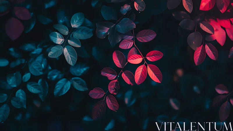 Neon foliage glows in deep teal and crimson contrast.