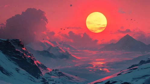 Crimson alien sun rises over frozen mountain valley