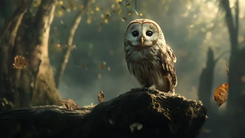 Realistic owl perched on mossy log in misty enchanted forest.