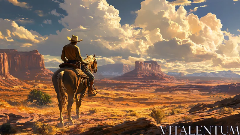 Solitary cowboy rides across sunlit desert canyon vista.