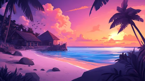 Tropical Beach Residence During Sunset with Silhouetted Vegetation