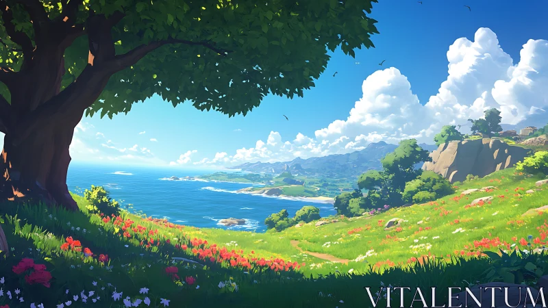 Sunlit coastal meadow under large tree overlooking sea.