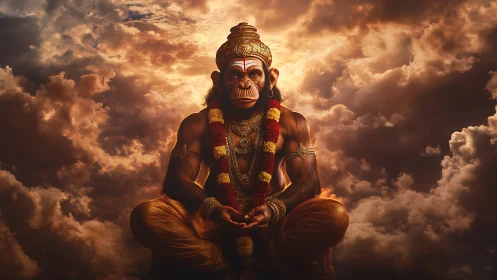 Divine monkey warrior meditates within radiant storm clouds