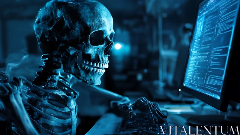 Cyberpunk skeleton coder locked to glowing monitor in blue light.