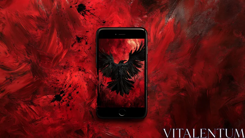 Smartphone display with black bird over red abstract field.