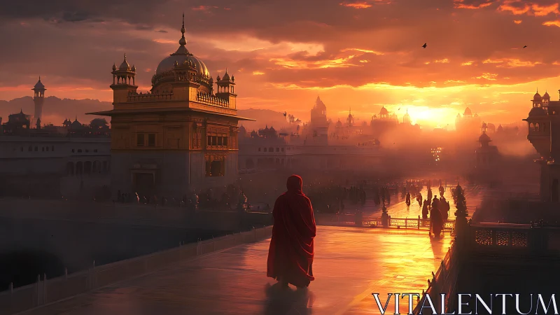 Golden temple city at sunrise with cloaked pilgrim walking.