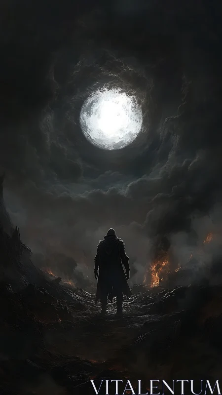 Cloaked figure stands beneath circular light in smoky terrain