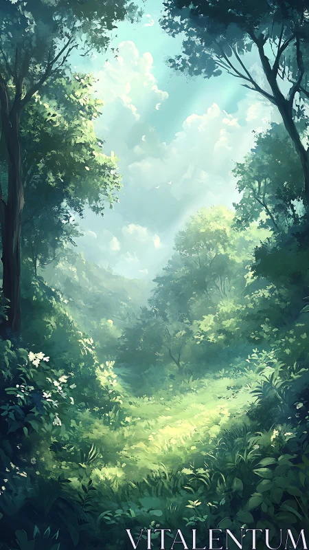 Forest landscape with misty atmospheric depth and bright sky opening