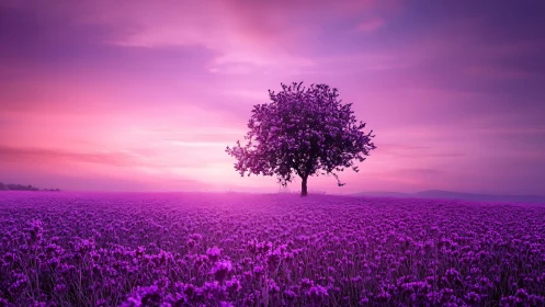 Solitary blossom tree in radiant violet dusk meadow.