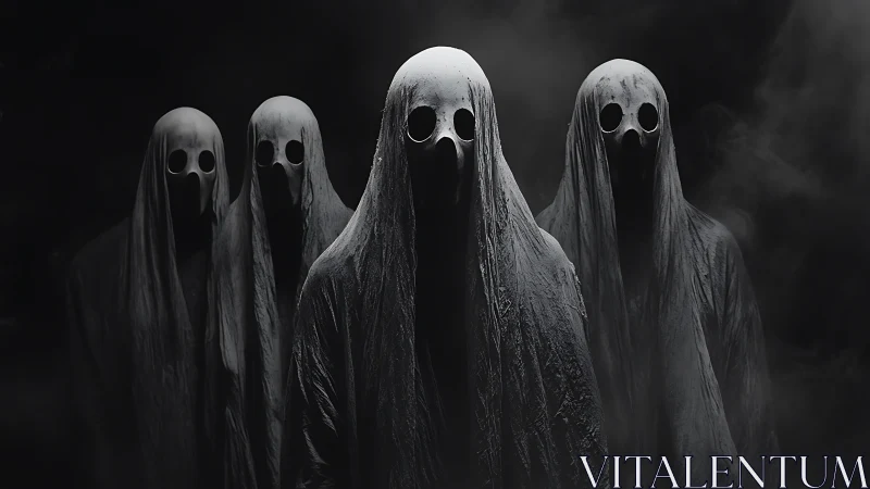 Four hooded specters with gas mask skulls emerge from fog