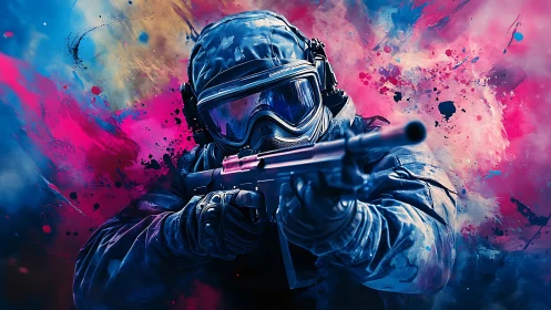 Tactical marksman in chromatic shockwave aerosol field.
