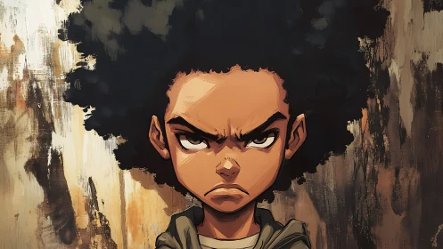 Intense close-up of stylized boy with textured painterly backdrop