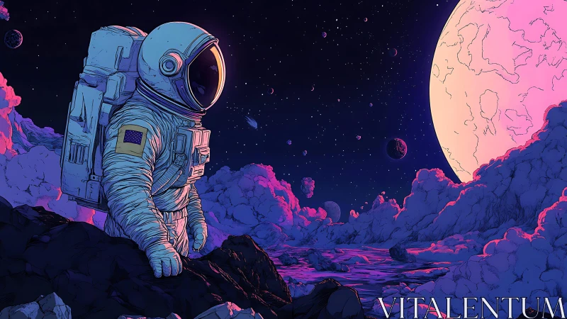 Astronaut surveys neon-lit alien landscape under vast moon.