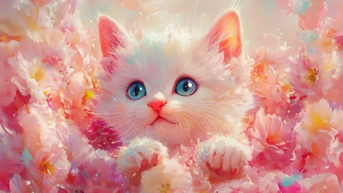White Cat with Rainbow Ears Among Pink Floral Blooms.