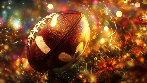 Holiday lights swirl around a gleaming football celebration.