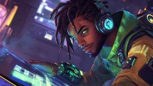 Neon-code beatmaster in a glowing cyberpunk command booth.