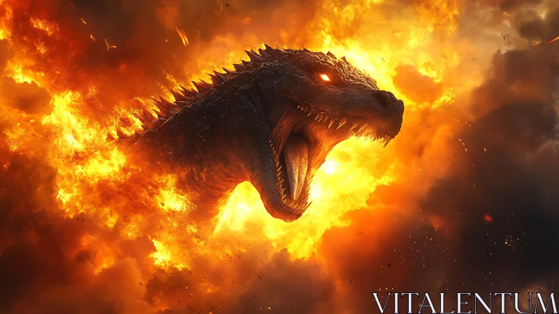 Infernal dragon head erupts from blazing firestorm in profile