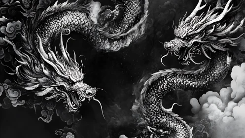 Twin dragon heads coil and confront within dense storm clouds