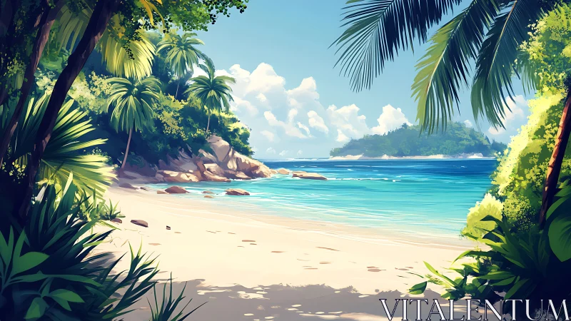 Digital illustration of tropical beach framed by palm trees and vegetation