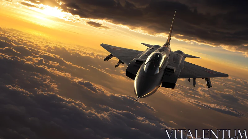 Sleek fighter jet gliding through a golden sunset sky.
