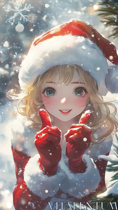 Smiling blonde girl in Santa outfit amid falling snow.