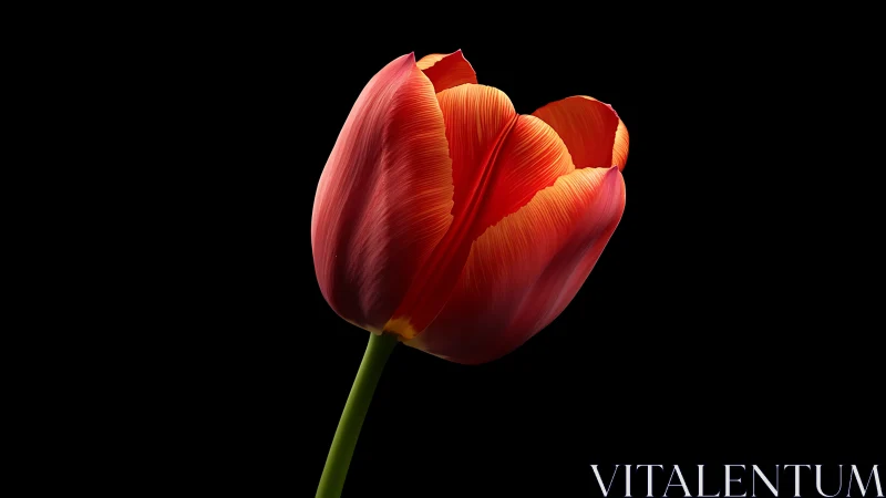 Red and orange tulip specimen photographed against black background
