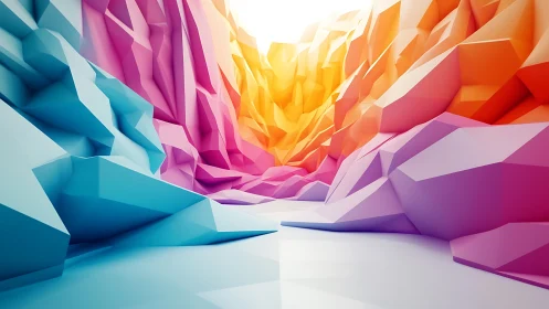 Low-poly gradient canyon with faceted surfaces and volumetric light