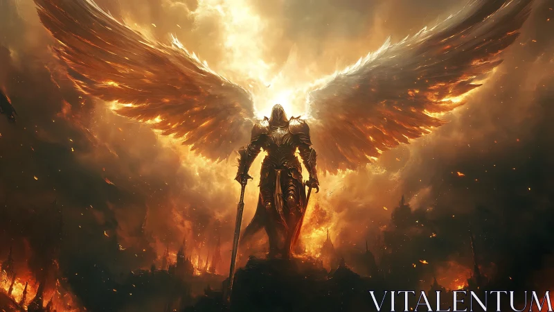 Armored angelic warrior stands over burning ruined landscape