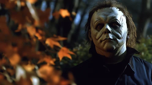 Masked figure stands in dim autumn forest with blurred leaves