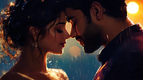 Couple Embracing in Golden Sunset Rain Scene