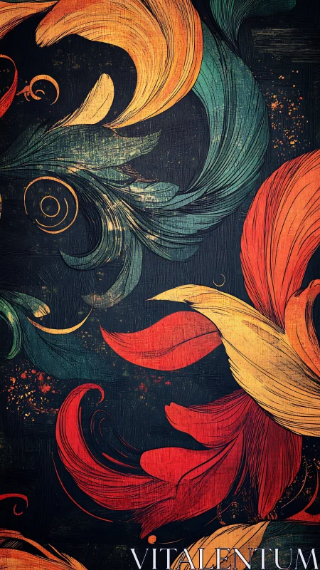 Floral swirls curve across textured dark digital canvas