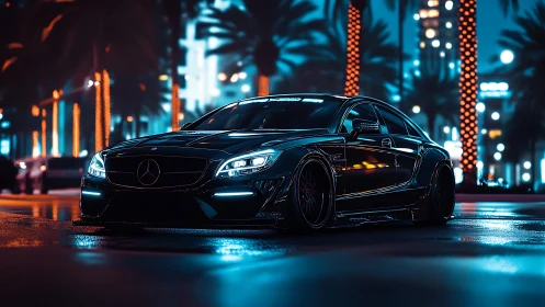 Low-slung black Mercedes sedan glows under neon-lit palm avenue