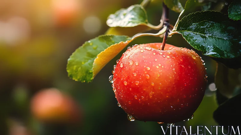 Sunlit orchard jewel kissed by rain and lingering morning hush.