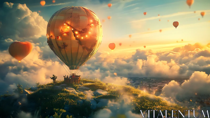Sunlit balloon meadow drifting above a dreamlit city.