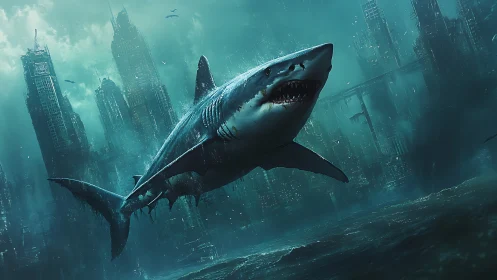 Mighty shark glides through a sunken futuristic cityscape