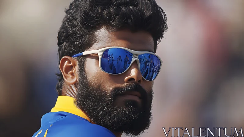 Bearded athlete in mirrored sunglasses under stadium light.