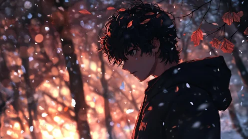 Side profile of hooded youth in autumn forest light.