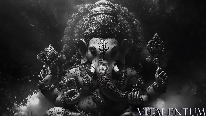 Monochrome depiction of multi-armed elephant-headed deity figure.