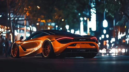 Orange sports car parked on city street at night.