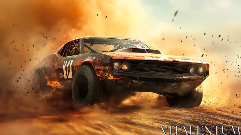 Racing muscle car sliding through dust on off road track.