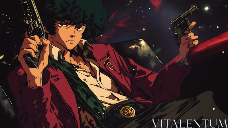 Male anime character sits with two handguns in low light